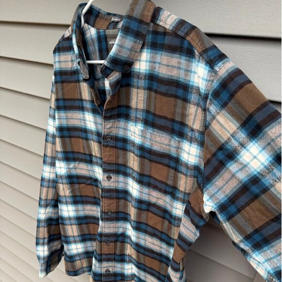 Eddie Bauer XL Classic Fit Plaid Flannel Button Long Sleeve Brown Blue White - Picture 9 of 12